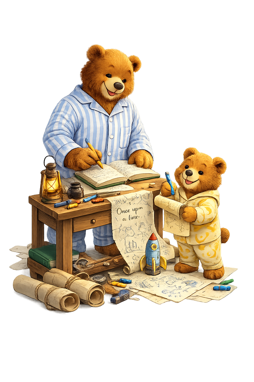 A parent bear and child bear creating a bedtime adventure together.